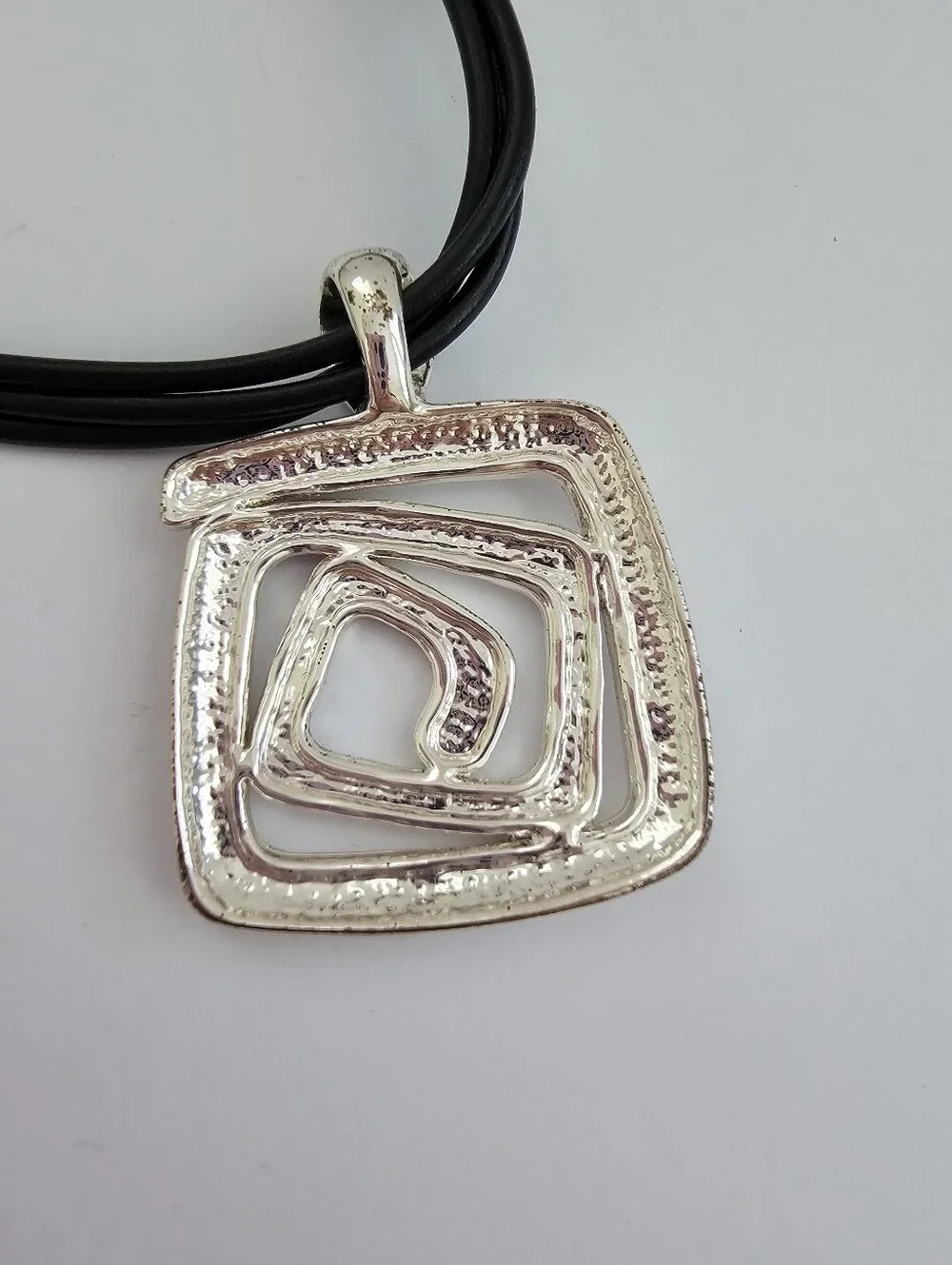 Modernist Geometric Spiral Pendant Necklace Black Multi Strand Cord Abstract